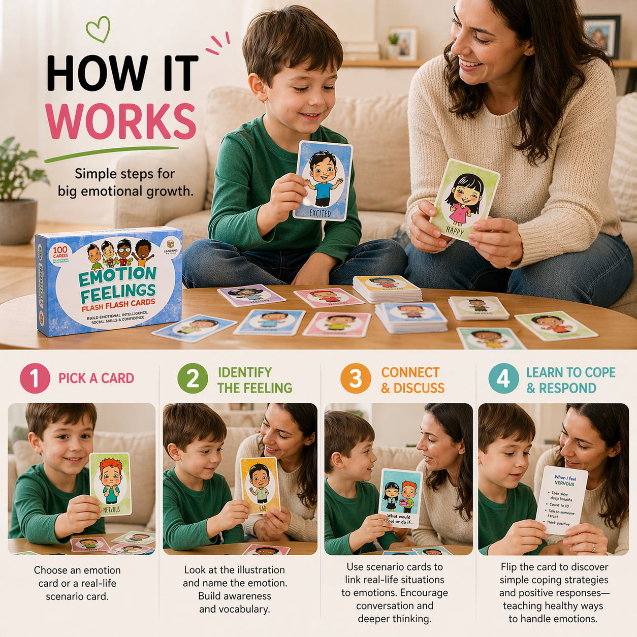 100 piece emotion flash card deck for kids covering feelings and social skills