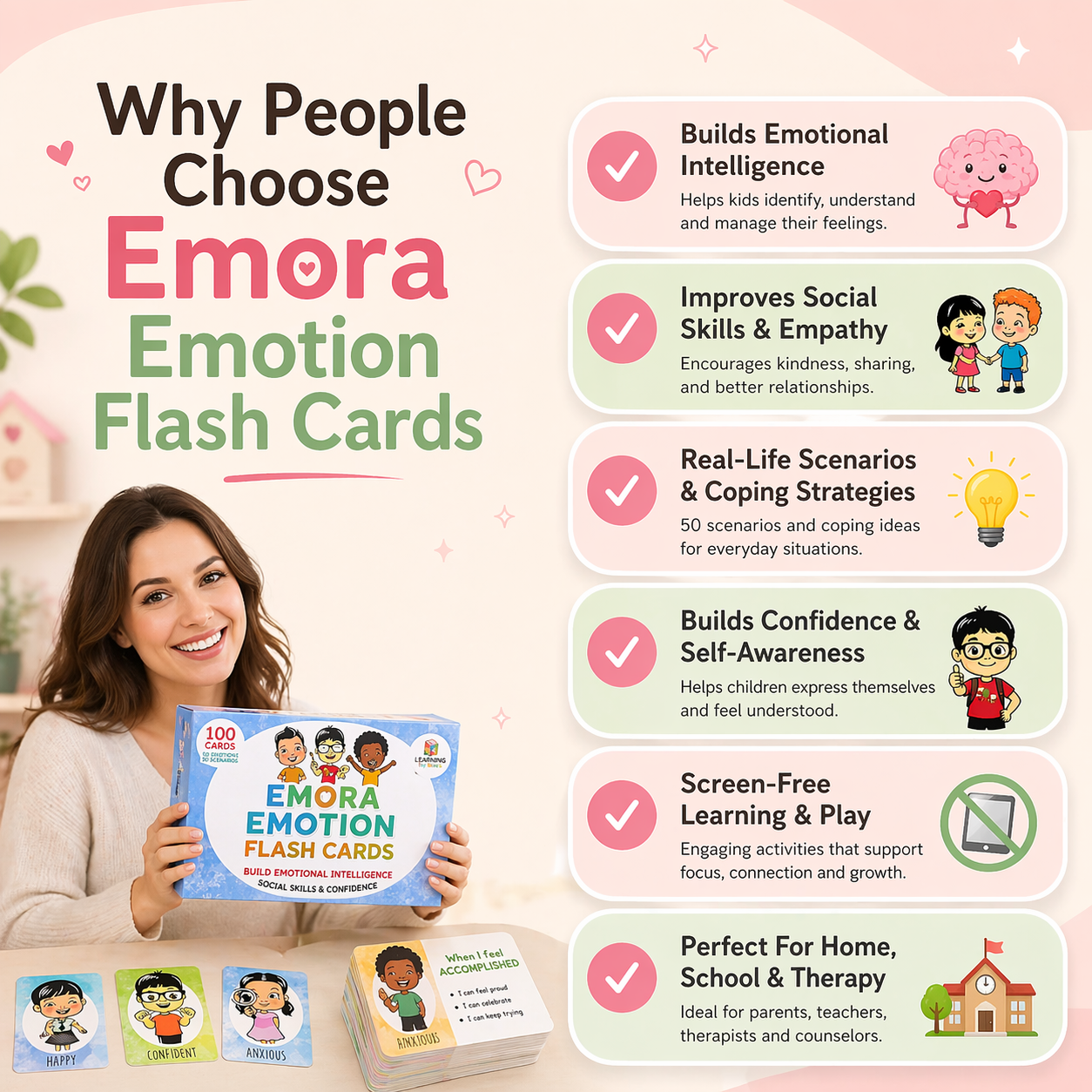 Children emotion learning flash cards showing feelings illustrations for toddlers