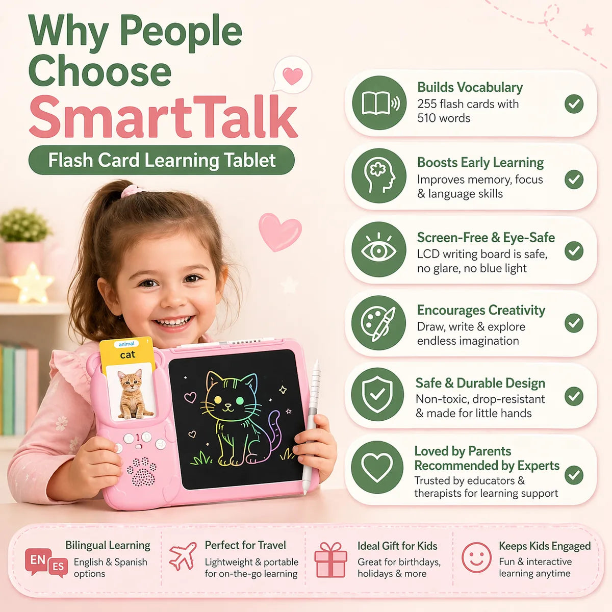 SmartTalk learning tablet showing flashcard feature for early childhood vocabulary