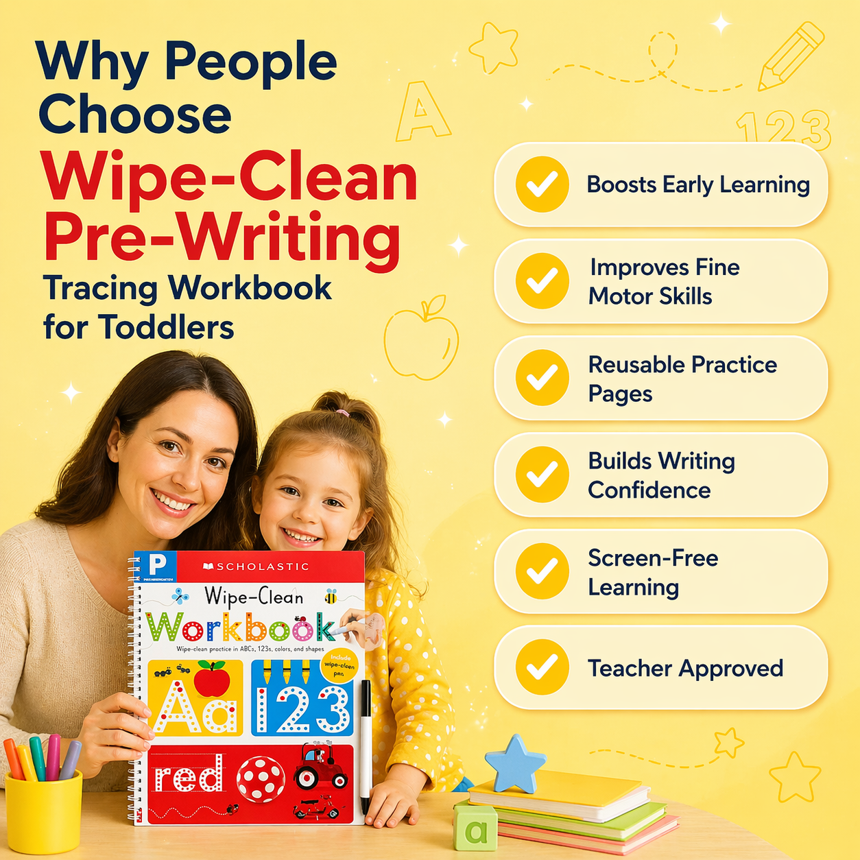 Reusable wipe-clean tracing book for toddlers screen-free writing practice ages 3 to 5