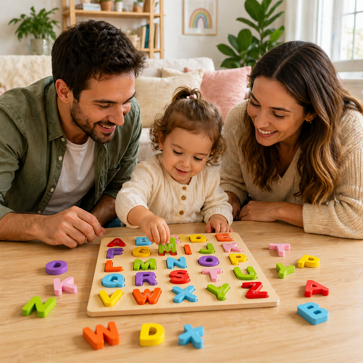 Wooden ABC learning puzzle close up showing letters and colours for toddlers