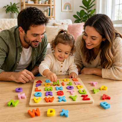 Wooden ABC learning puzzle close up showing letters and colours for toddlers