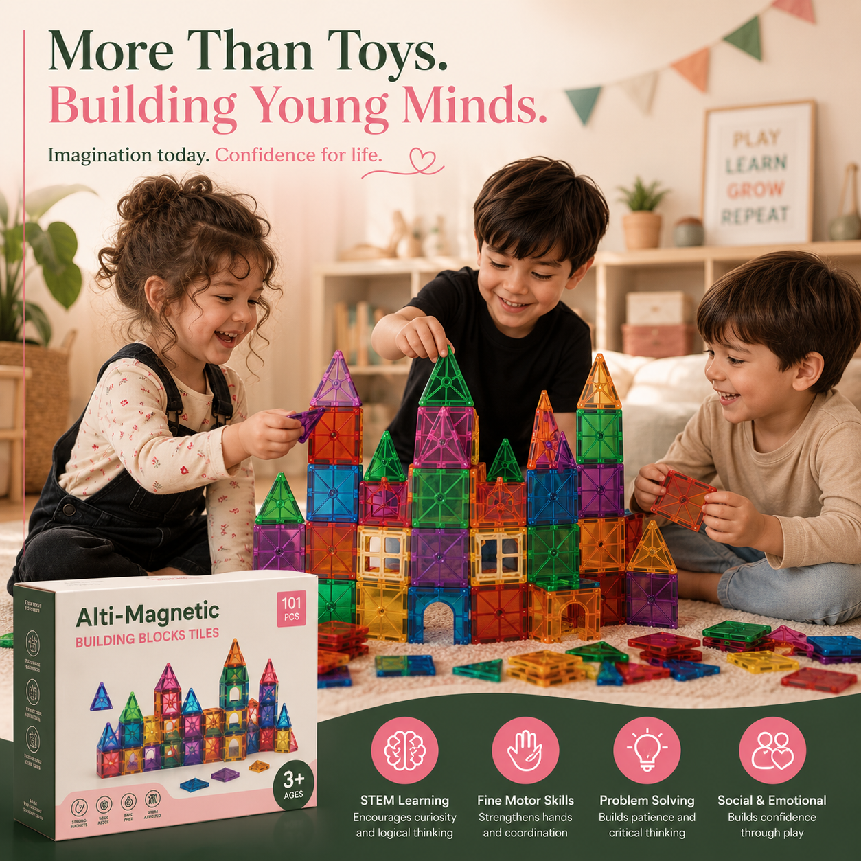 Alti magnetic building tiles showing completed structure built by child