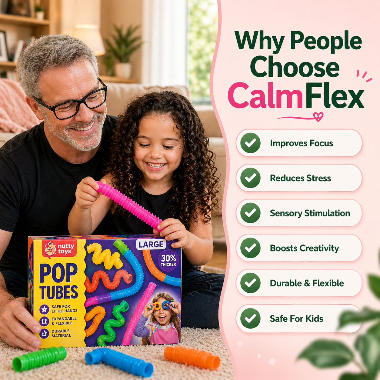 Sensory pop tube toy for toddlers showing colour and texture for calm play