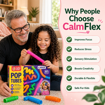 Sensory pop tube toy for toddlers showing colour and texture for calm play
