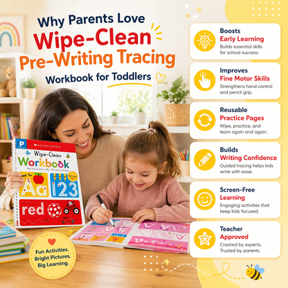 Wipe-clean tracing workbook close up showing letter and number tracing activities