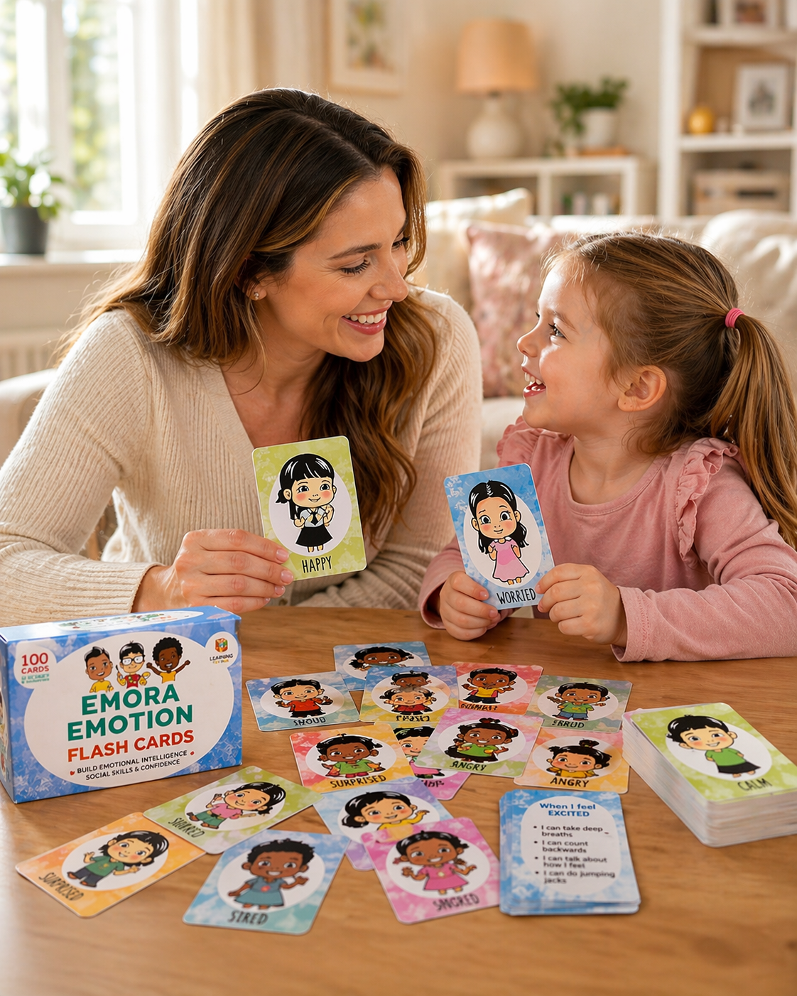 Emora emotion cards close up showing illustrated feelings cards for children