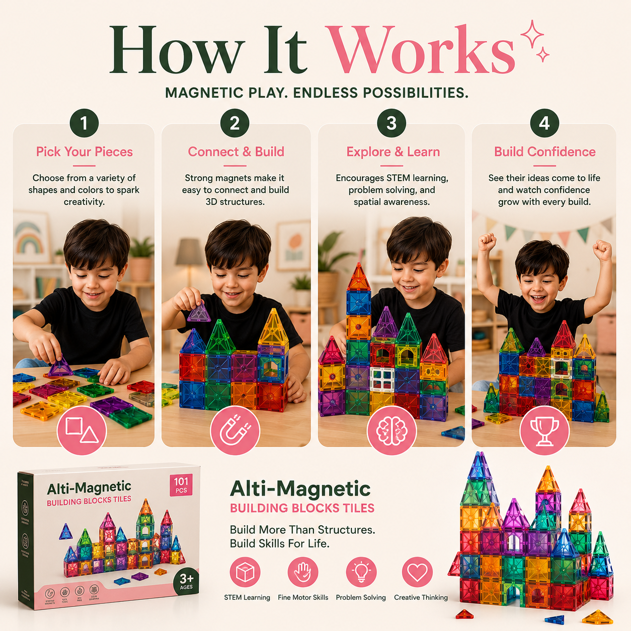 Magnetic tiles for kids close up showing interlocking design for spatial learning