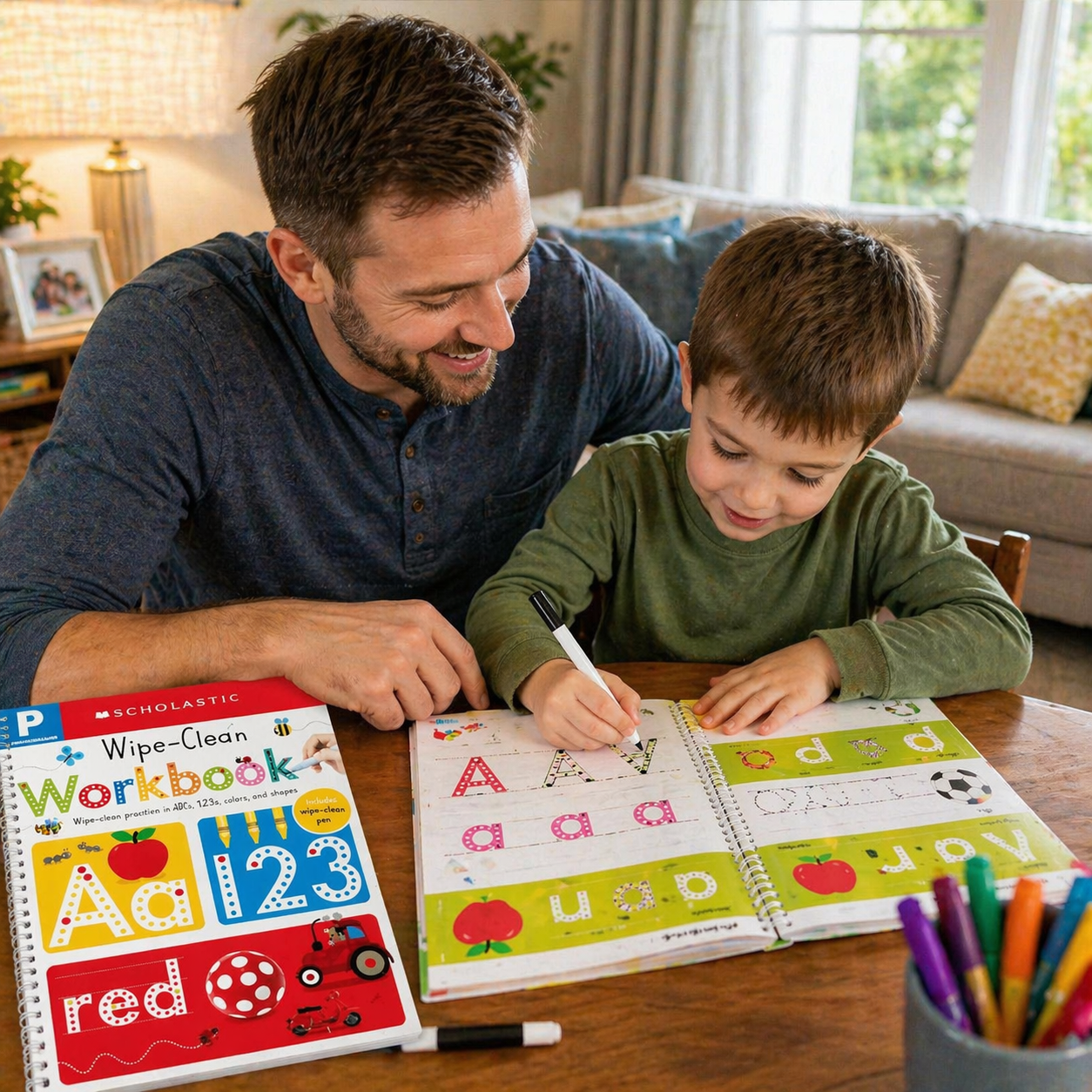 Screen-free wipe-clean workbook for toddlers to practice writing and drawing