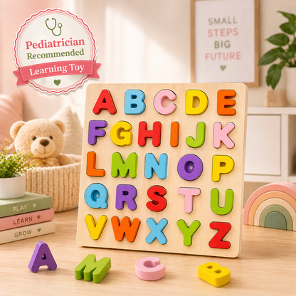 AlphaWood ABC wooden learning puzzle for toddlers with 26 colourful letter pieces
