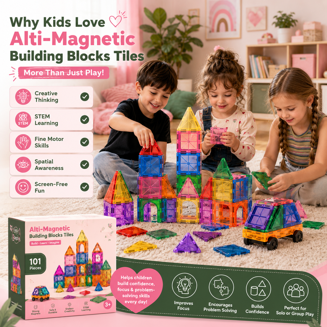 101 piece magnetic tile set for children showing full contents of building blocks