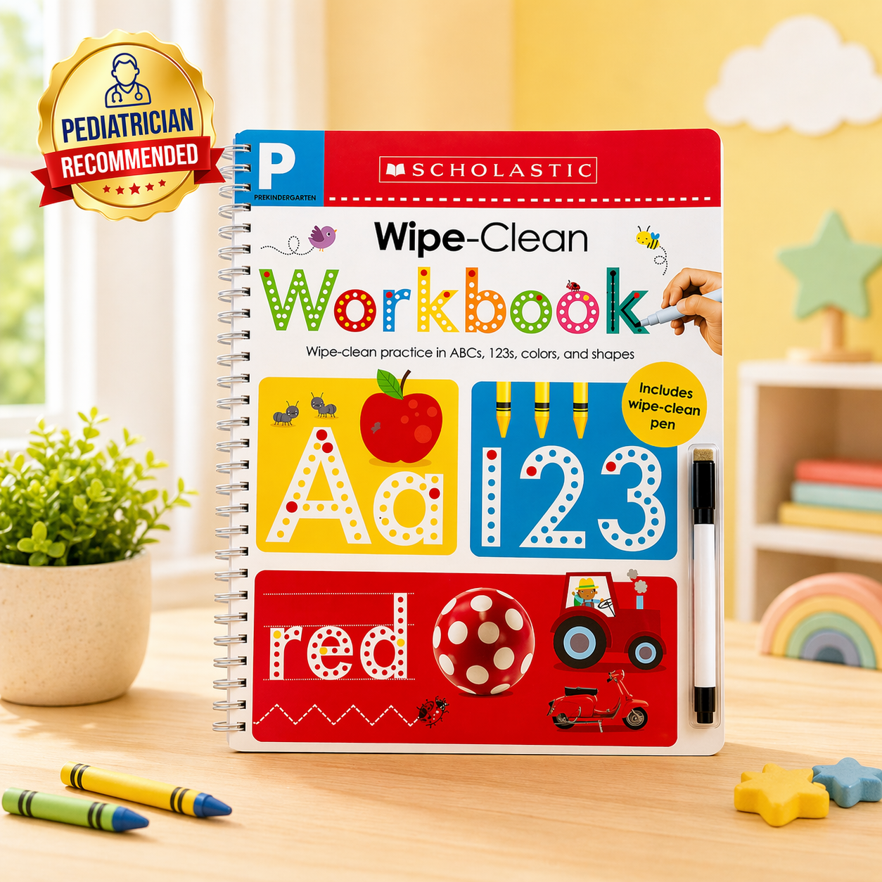 Pre-K wipe-clean tracing workbook for toddlers covering letters numbers and shapes
