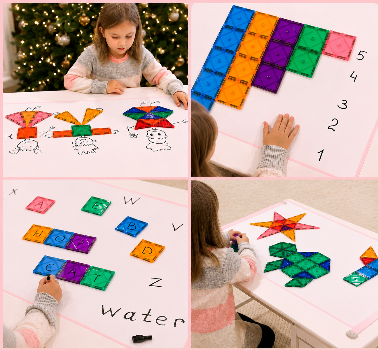 Magnetic tiles building set for children showing variety of shapes and colours