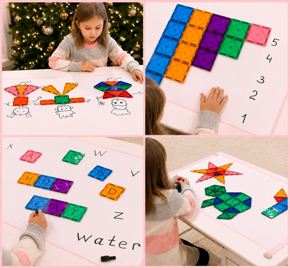Magnetic tiles building set for children showing variety of shapes and colours