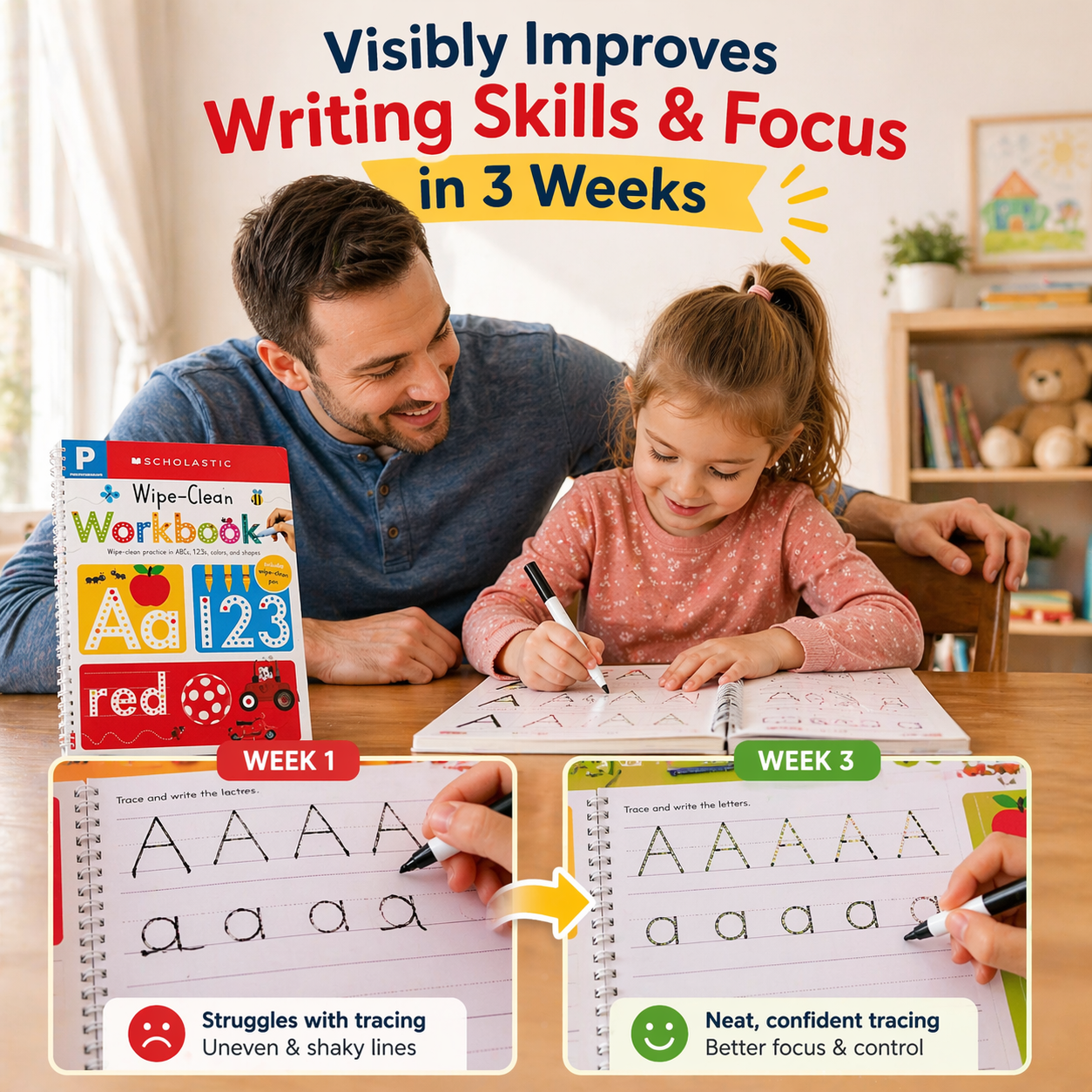 Pre-K tracing workbook for toddlers with shapes letters and number practice pages