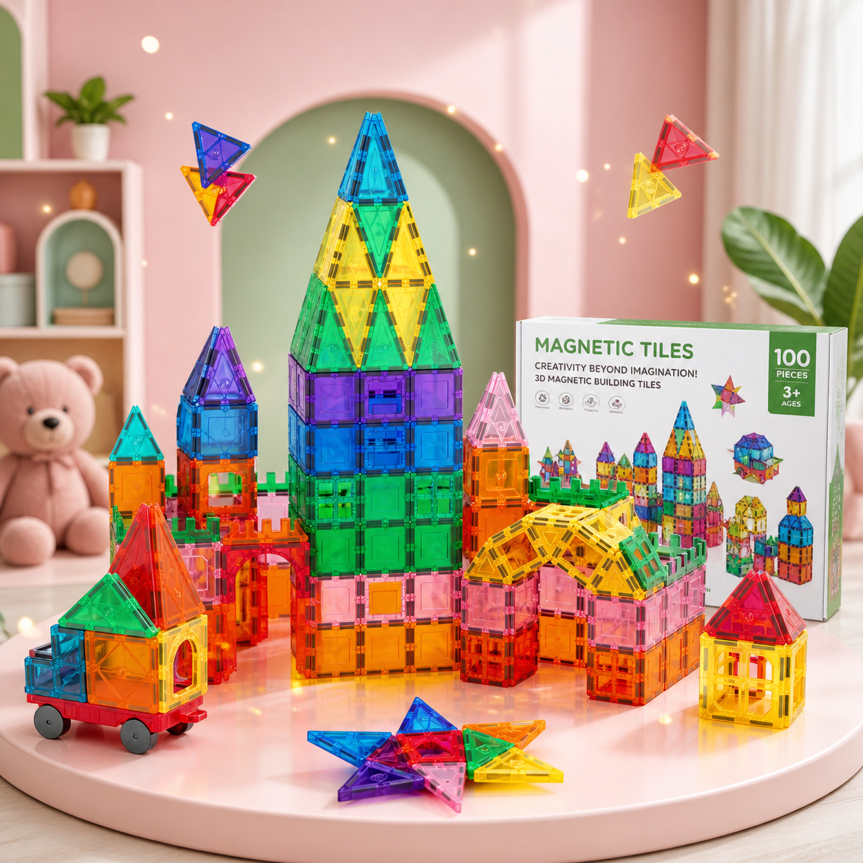 Magnetic building blocks tiles set showing colourful shapes for creative STEM play