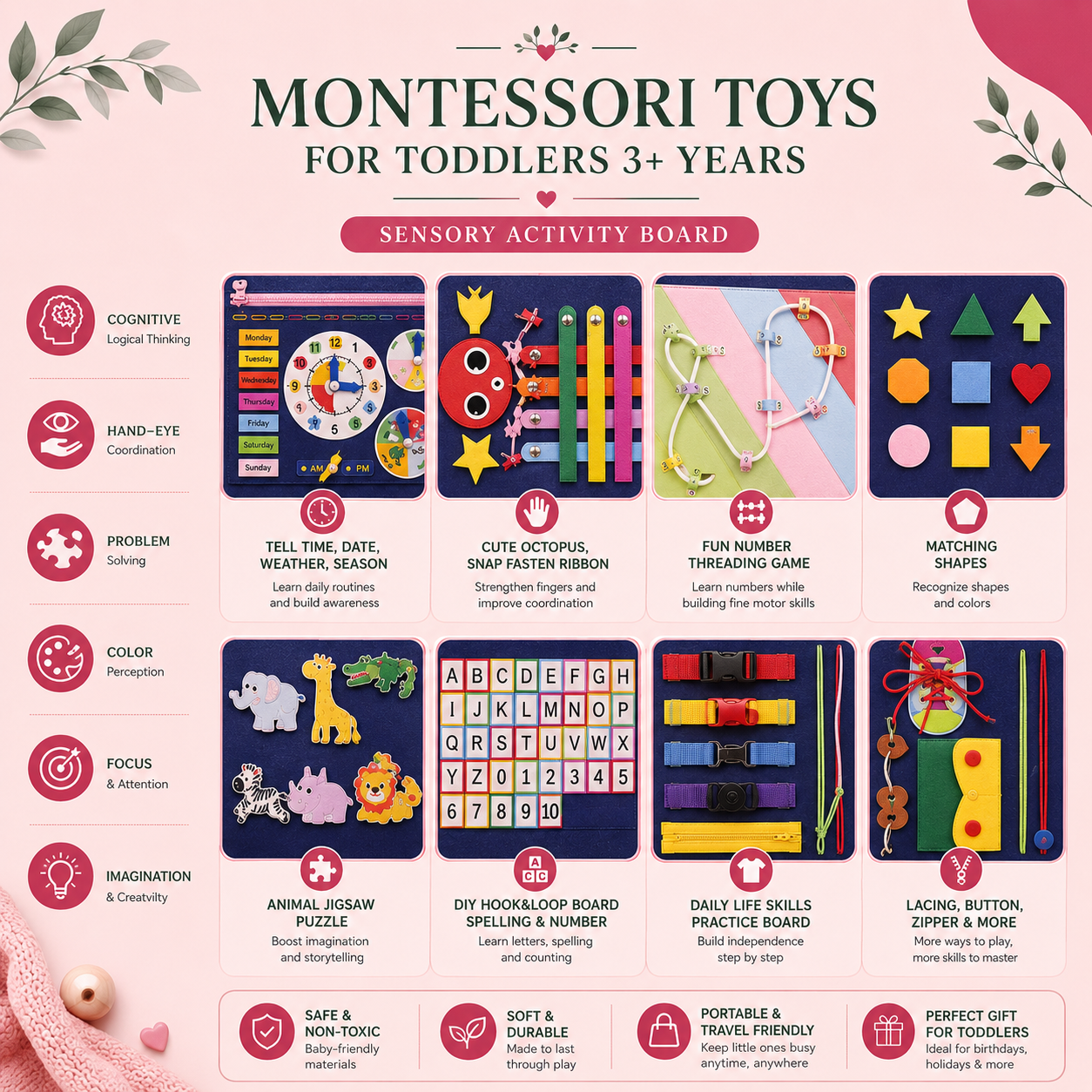 Montessori toys for toddlers 3 plus years sensory activity board with alphabet numbers shapes