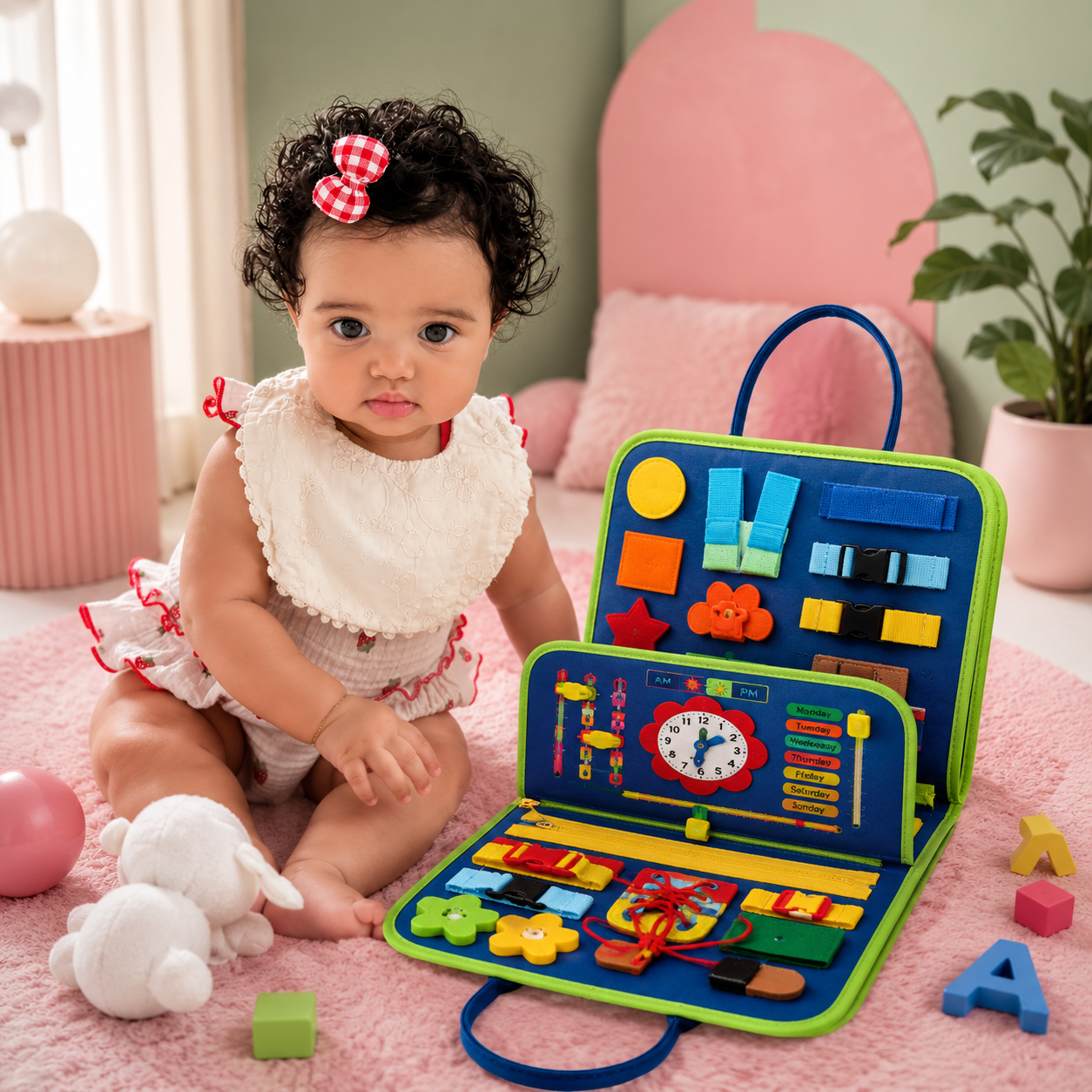 Baby girl playing with Montessori busy board fine motor skills activity