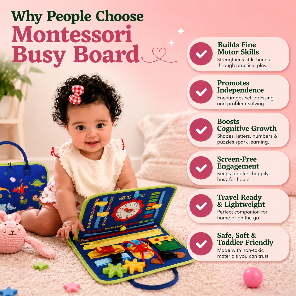 Montessori busy board promotes independence cognitive growth and screen free engagement