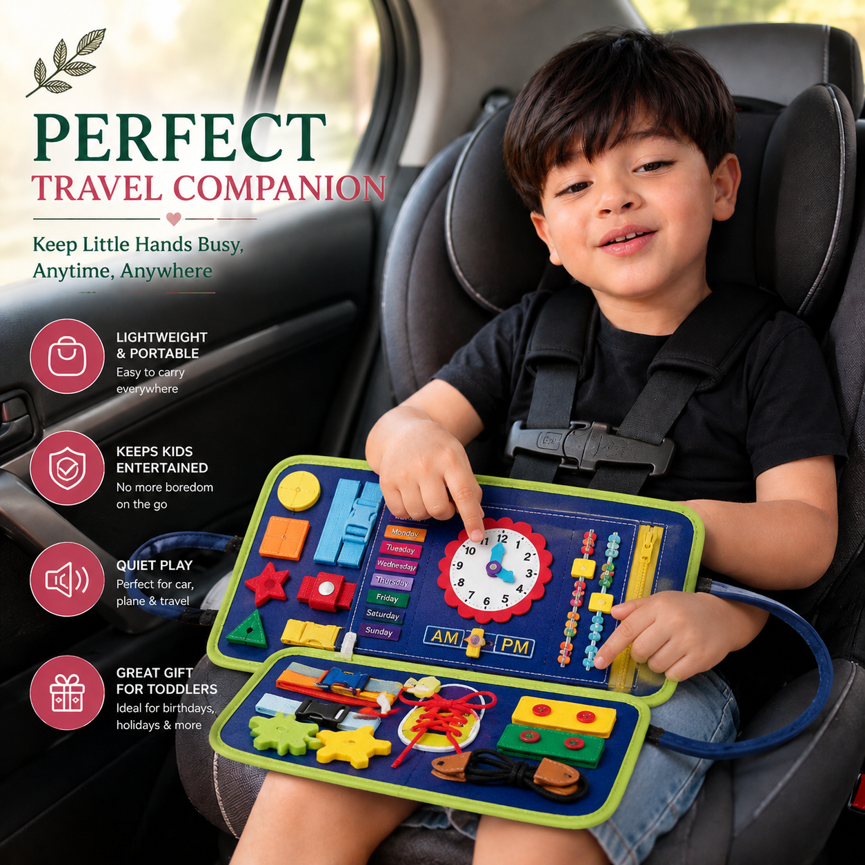 Perfect travel companion busy board keeps little hands busy anytime anywhere