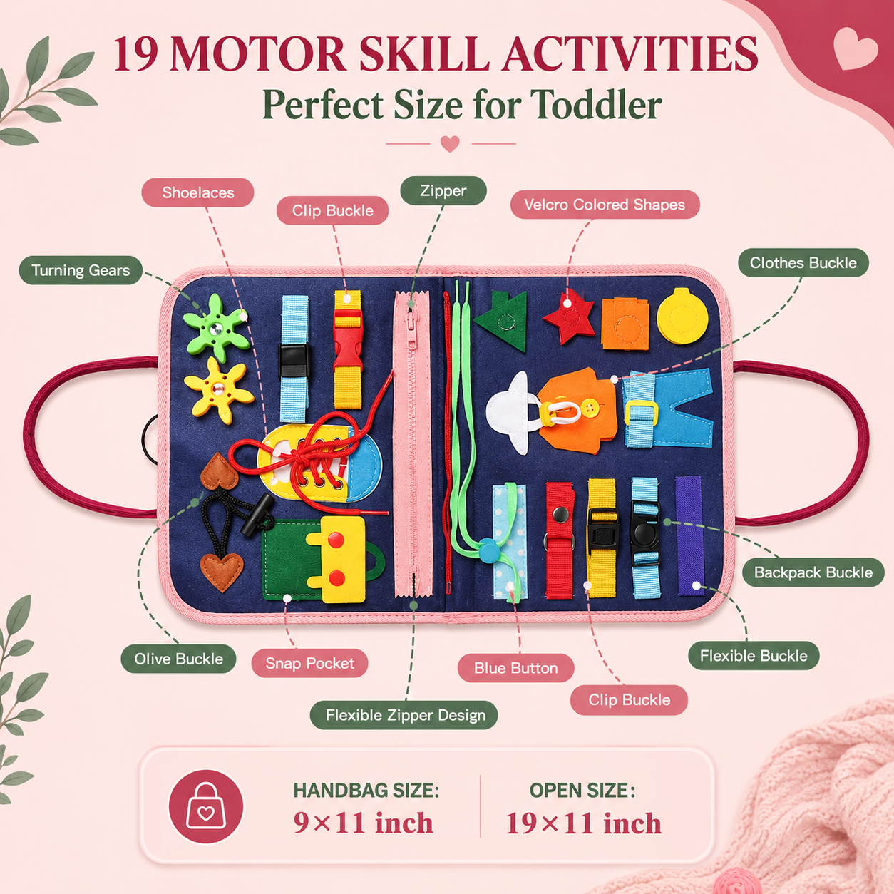 19 motor skill activities on Montessori busy board perfect size for toddlers