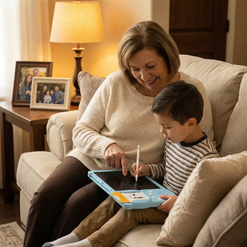 Tiny Voices hero banner mobile - mom and child learning together screen-free